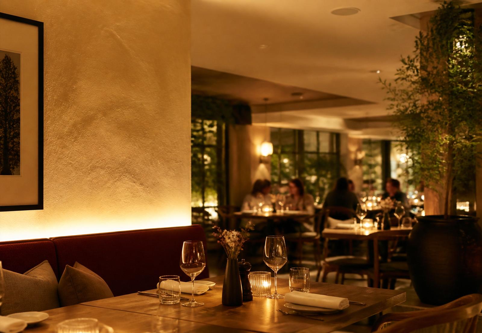 Warm beleuchtetes modernes Restaurant während des Abendservice mit dezenter Deckenbeschallung