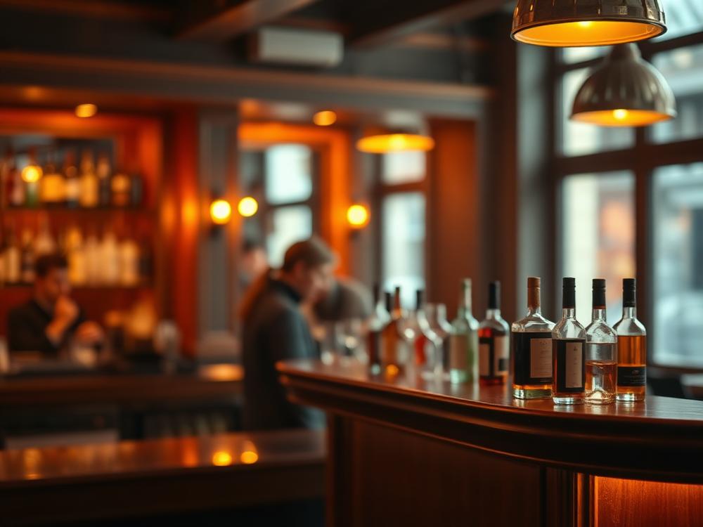 Zeitgemäße Bar am frühen Abend mit warmem Licht
