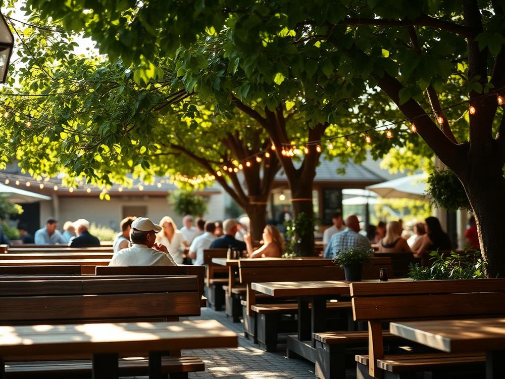 Deutscher Biergarten mit dezentem, modernem Stil unter Bäumen